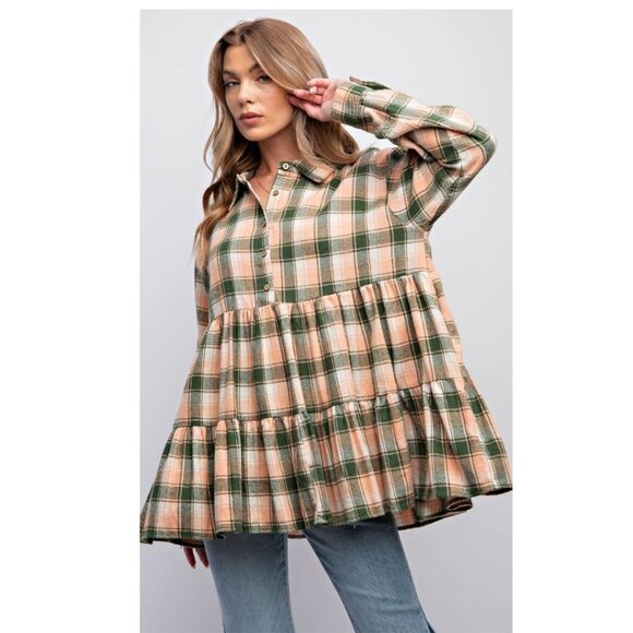 easel Tops - NWT, Easel 100% Cotton Plaid Tiered Babydoll Shirt